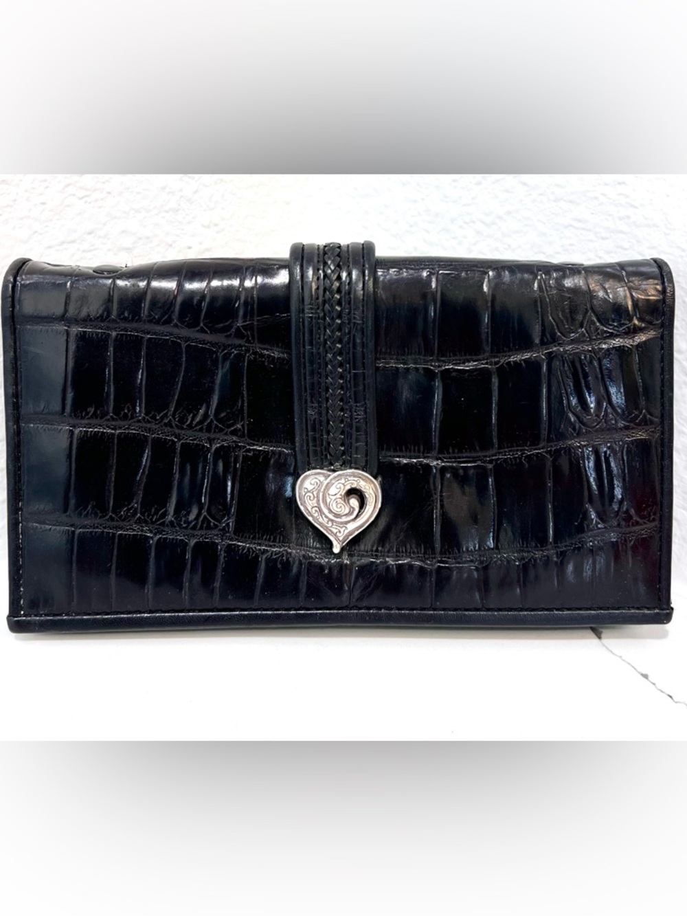 Brighton Croc-Embossed Black Leather Wallet Heart Hardware
